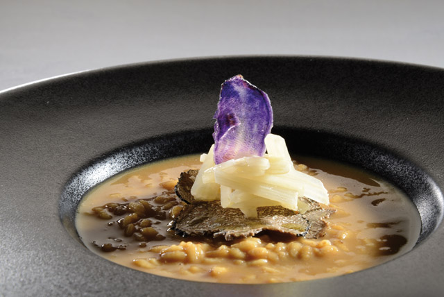 Risotto met Vacherin Fribourgeois AOP geparfumeerd met Luikse siroop en fricassee van kardoen met truffel